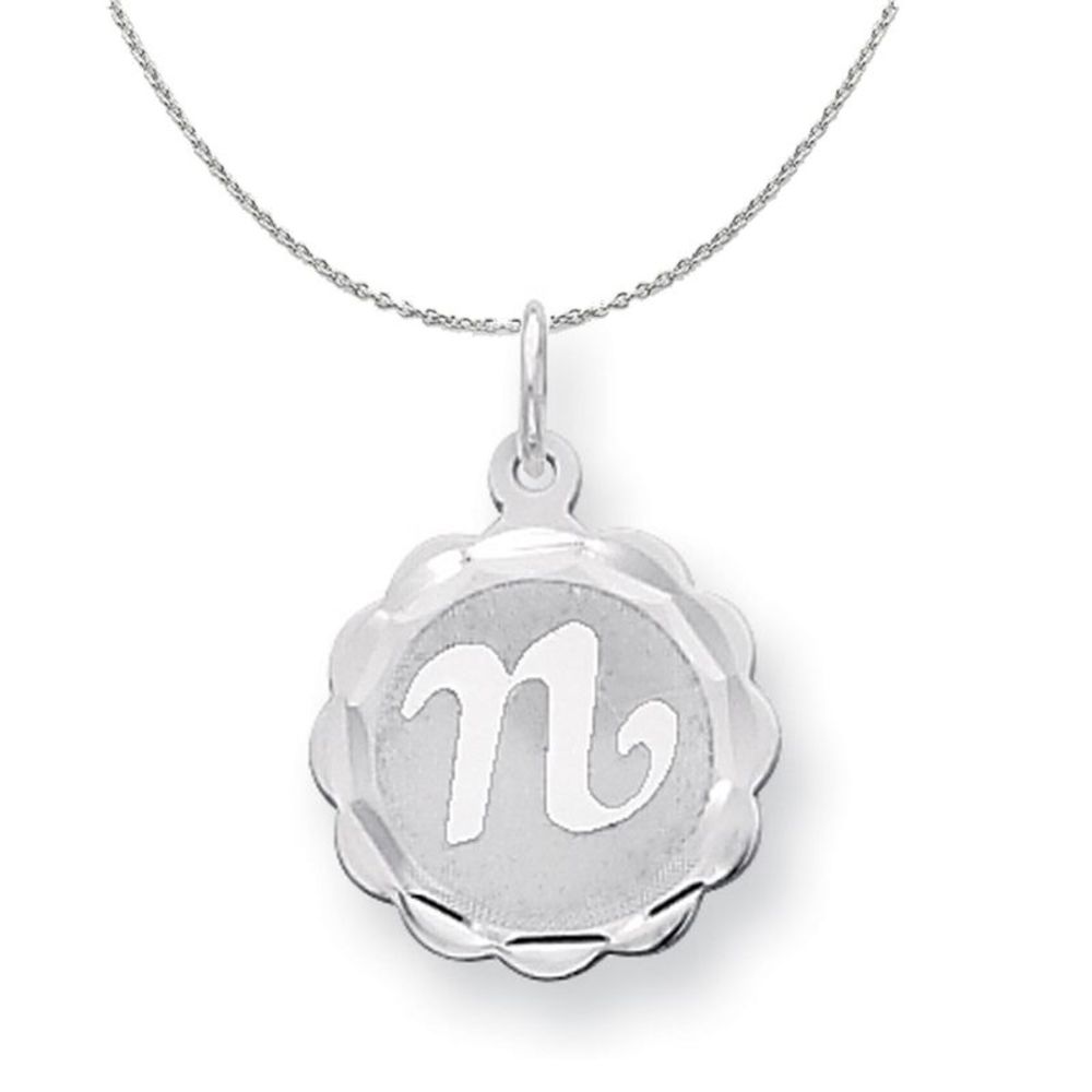 Silver, Sarah Collection 15mm Brocaded Disc Initial N Necklace - 20 In